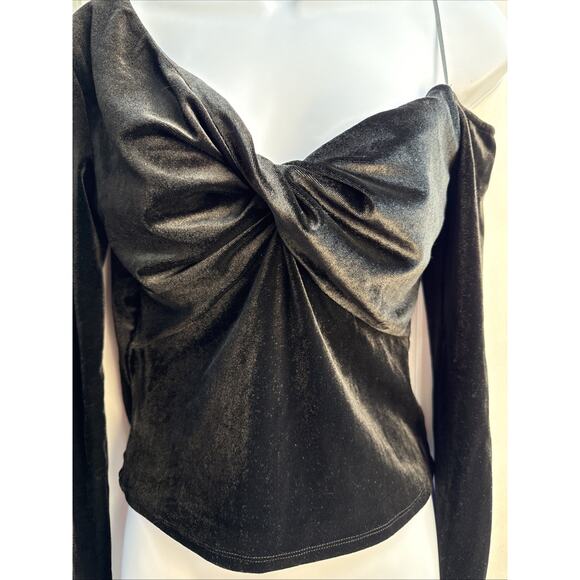 Elodie Womens Small Black Velvet Asymmetrical Twist Long Sleeve Top NWT - Picture 5 of 8